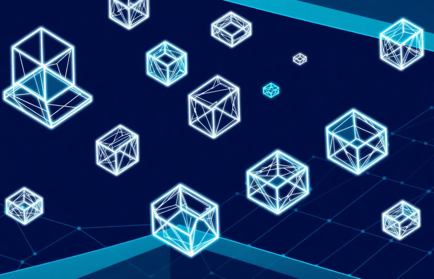 Isometric wireframe cubes floating on a deep navy grid symbolising modular technology