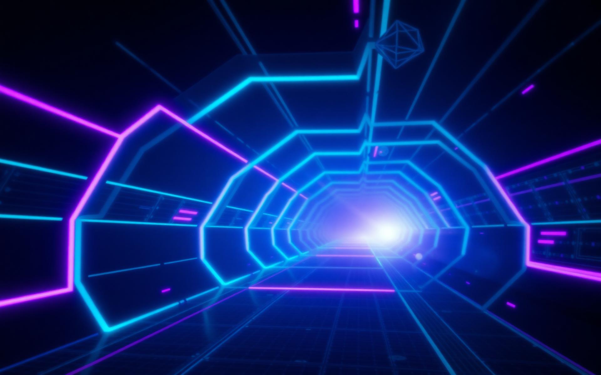 Abstract cyber-tech corridor of glowing cyan and violet geometry symbolising software infrastructure