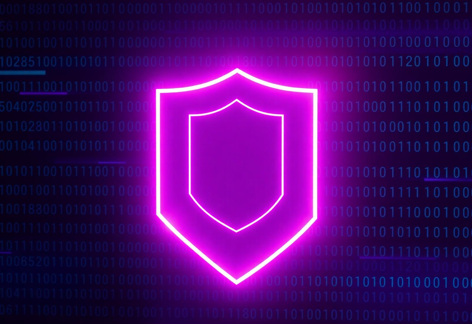 Neon shield symbol against a digital binary background representing cybersecurity architecture